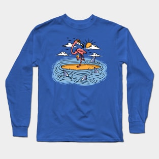 Funny Cartoon Flamingo Surrounded by Sharks Long Sleeve T-Shirt